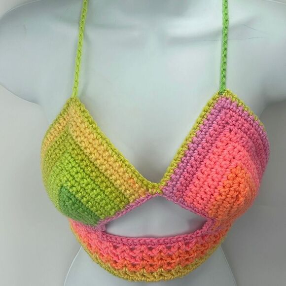Handmade peek-a-boo crochet rainbow neon halter top crop open knit - Picture 8 of 11